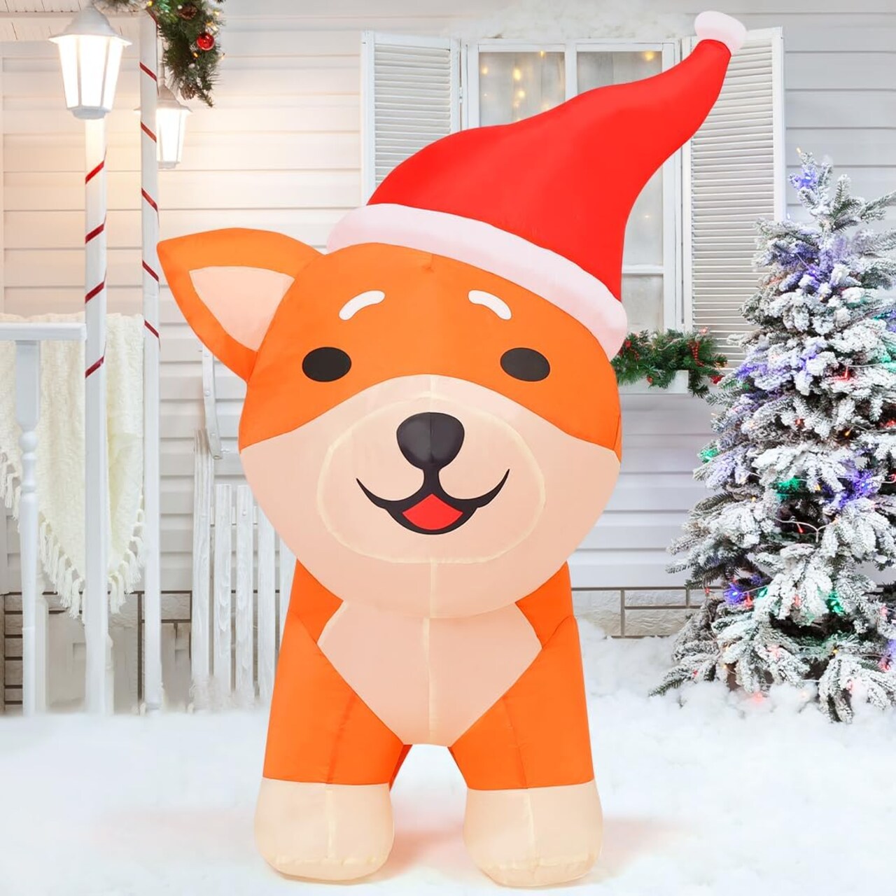 GOOSH 4FT Christmas Inflatables Outdoor Decorations Blow Up Shiba Inu Dog Built-in LEDs